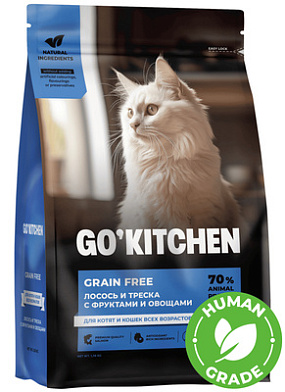 GO'KITCHEN Сухой Беззерновой корм для котят и кошек всех возрастов с лососем, треской, фруктами и овощами, GRAIN FREE Salmon&CodFish