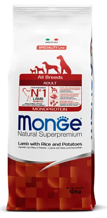 Купить monge dog speciality line monoprotein сухой корм для взрослых собак всех пород из ягненка с рисом и картофелем