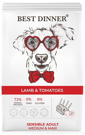 Купить best dinner сухой корм для взрослых собак средних и крупных пород склонных к аллергии и проблемам с пищеварением с ягненком и томатами