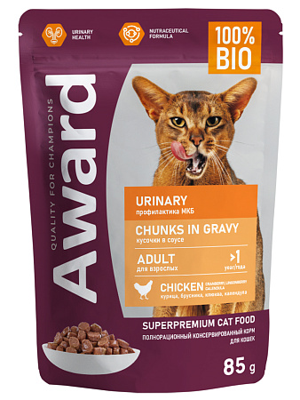 Купить award urinary влажный корм для взрослых кошек профилактика мочекаменной болезни кусочки в соусе с курицей (пауч)