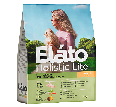 Elato Holistic Lite сухой корм для взрослых кошек с курицей и индейкой для красивой и здоровой шерсти кошек
