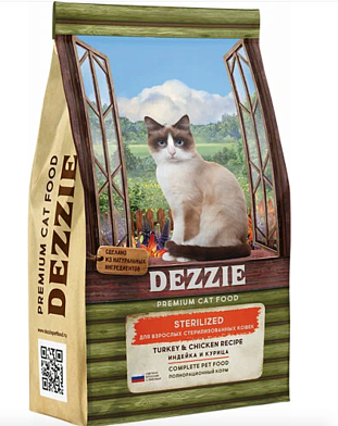 DEZZIE сухой корм для взрослых стерилизованных кошек, курица с индейкой