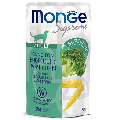 Monge Supreme Adult cat влажный корм для взрослых кошек с тунцом, брокколи и мини-кукурузой (пауч)