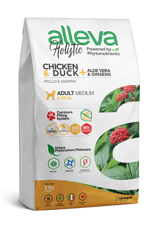 Купить alleva holistic dog сухой корм для взрослых собак средних пород с курицей и уткой, алое вера и женьшенем