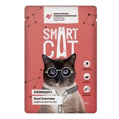 Smart Cat влажный корм для взрослых кошек и котят кусочки телятины с морковью в нежном соусе (пауч)