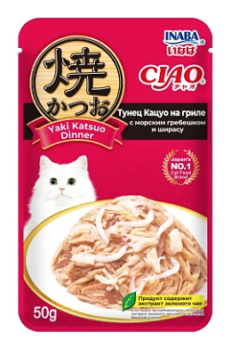 Inaba CIAO Yaki Katsuo Dinner влажный корм для взрослых кошек Тунец Кацуо на гриле с морским гребешком и ширасу (пауч)