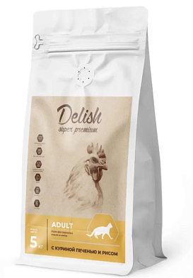 DELISH super premium Сухой корм для взрослых кошек с куриной печенью и рисом
