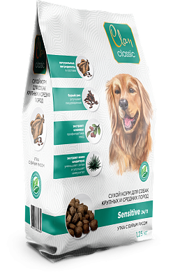 Clan Classic Sensitive-24/11 сухой корм для взрослых собак крупных и средних пород с уткой и бурым рисом