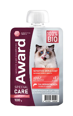 Award SPECIAL CARE Sensitive skin&coat влажный корм для взрослых кошек для здоровья кожи и шерсти «мясное пюре» из курицы с лососем (пауч)