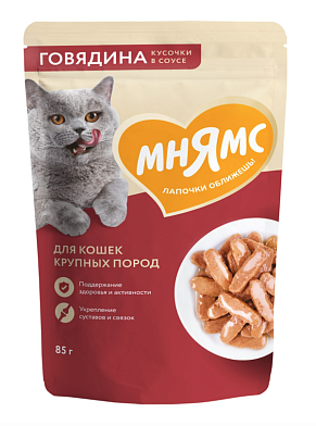 Мнямс Влажный корм Кусочки в соусе с говядиной для крупных кошек (пауч)