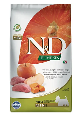 Farmina N&D Pumpkin Dog Grain Free Boar & Apple Adult Mini сухой беззерновой корм для взрослых собак мелких пород с мясом кабана, яблоками и тыквой
