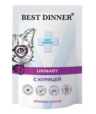 Best Dinner Exclusive Vet Profi Urinary влажный корм для взрослых кошек для профилактики мочекаменной болезни (МКБ), с курицей, кусочки в соусе (пауч)