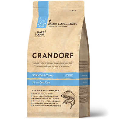 Grandorf сухой беззерновой корм для взрослых кошек с рыбой и индейкой.