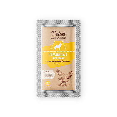 Delish super premium влажный корм для собак (паштет) курица, овощи, клюква (пауч)