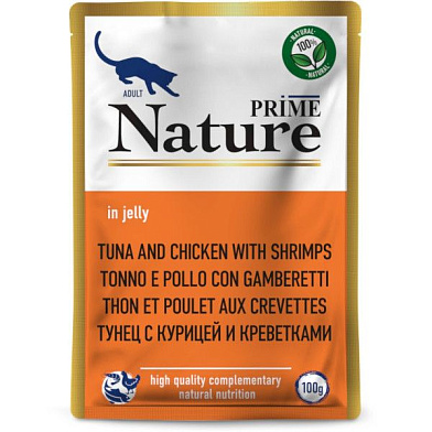Prime Nature влажный корм для взрослых кошек с тунцом, курицей и креветками, в желе (пауч)