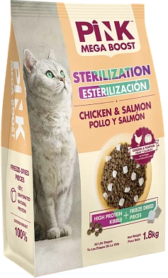 Pink MEGA BOOST "Sterilized" сухой корм для стерилизованных кошек всех возрастов, Курица с лососем, 2 гранулы